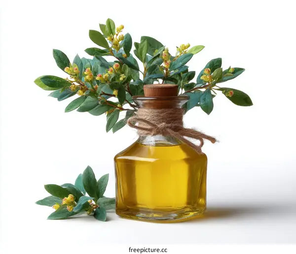 Glass bottle with olive oil and green plant branches on white background