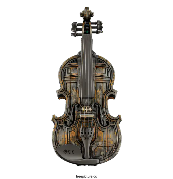 [Transparent Background PNG]A 3D rendering of a violin made of wood and metal