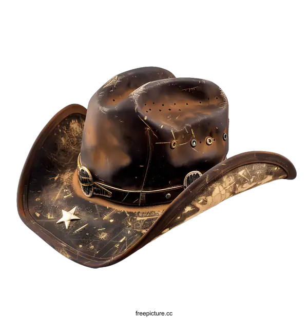 [Transparent Background PNG]Vintage Brown Leather Cowboy Hat With Star Detail