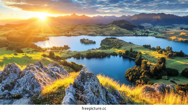 Majestic Sunrise Over Scenic Lakes and Mountains