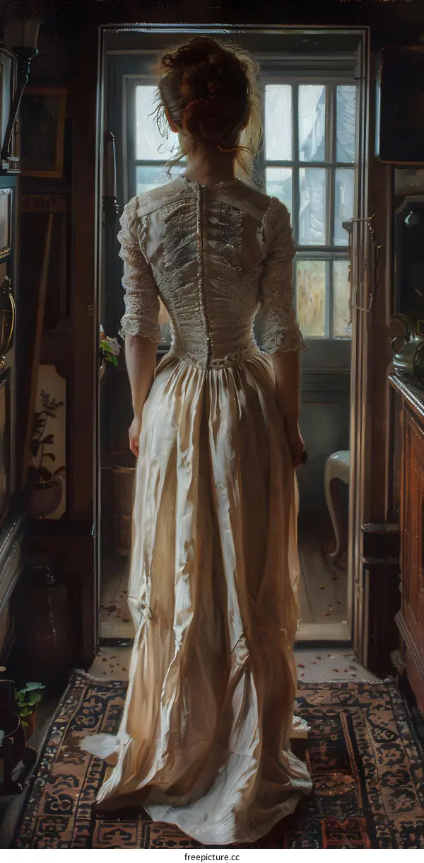 Woman in a White Dress Standing by a Window