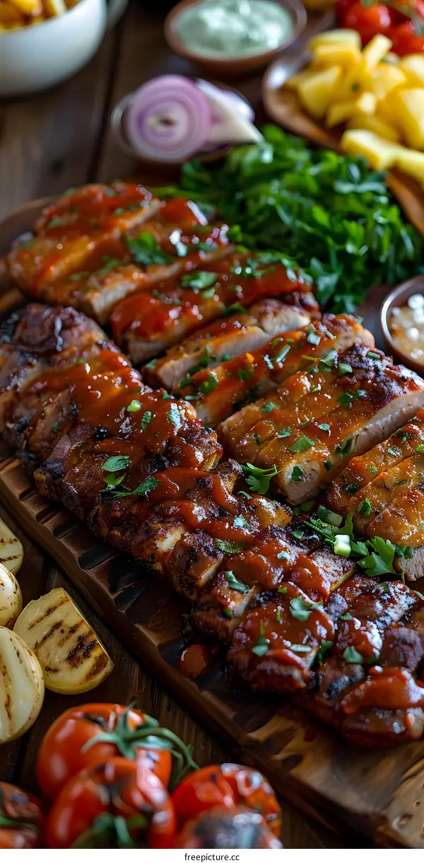 A delicious meal of barbecued ribs, potatoes, and vegetables
