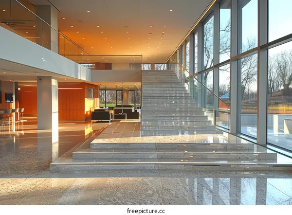 Office interior with marble staircase and glass walls