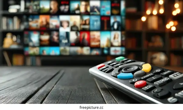 Modern Remote Control in Front of a TV Streaming Movies