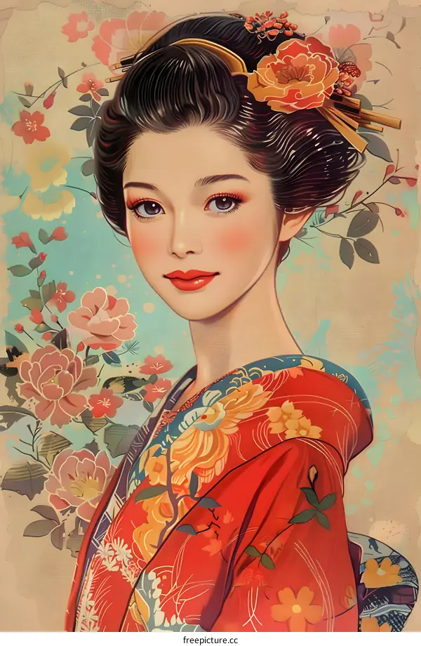 A beautiful Japanese woman in a red kimono with flowers in her hair