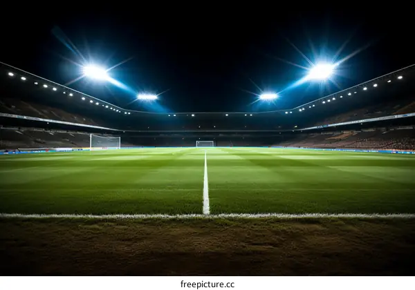 An empty soccer stadium at night with the lights on