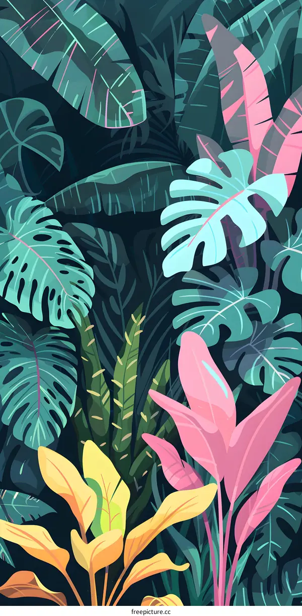 Tropical Leaves Green Pink Yellow Background Illustration