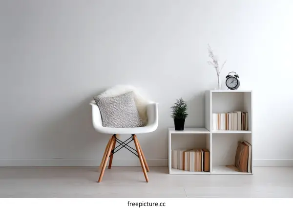 Modern Minimalist Living Room Corner with Bookshelf