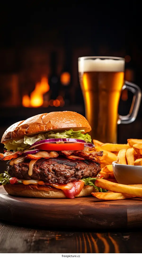 A delicious burger with fries and a glass of beer