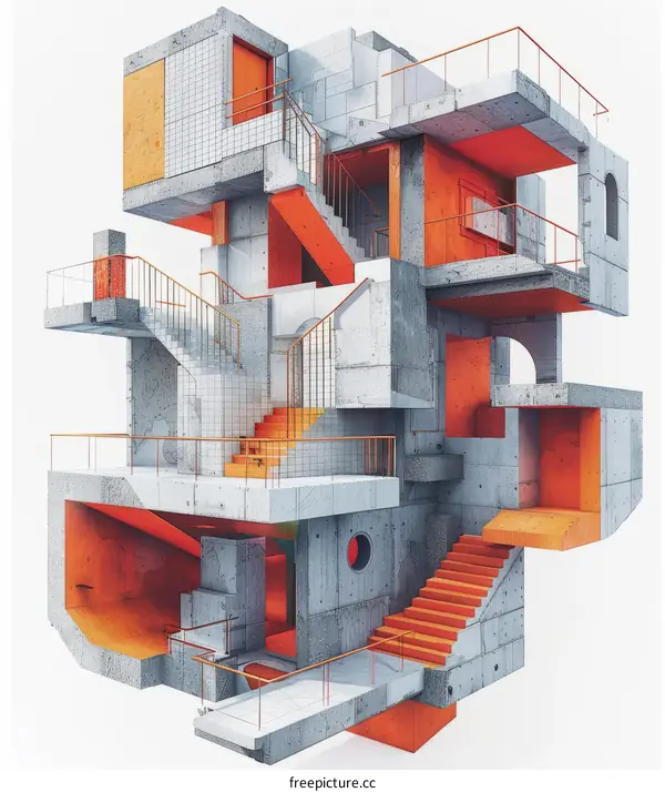 An illustration of a concrete building with orange accents