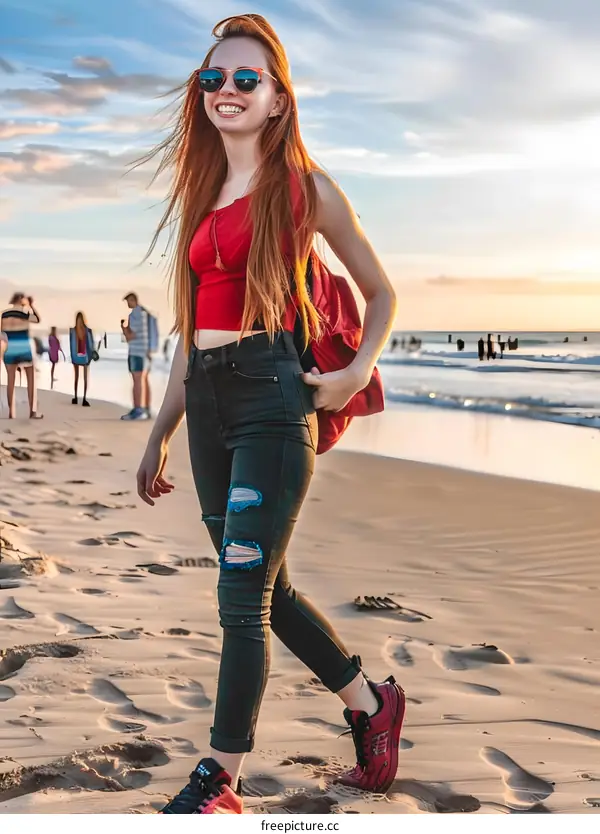 Woman walking on a beach at sunset with a red backpack