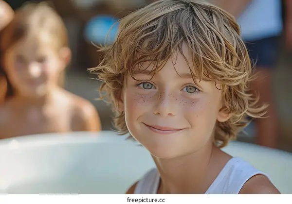 Portrait of a happy young boy with green eyes and freckles