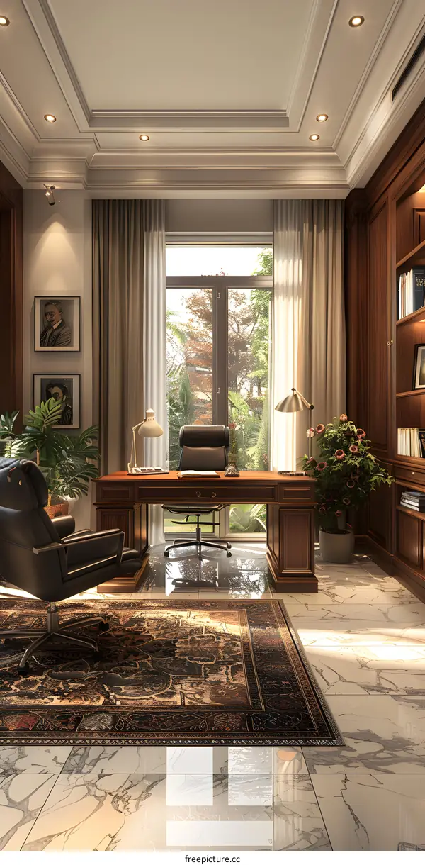 Modern home office interior design with large windows and wooden furniture