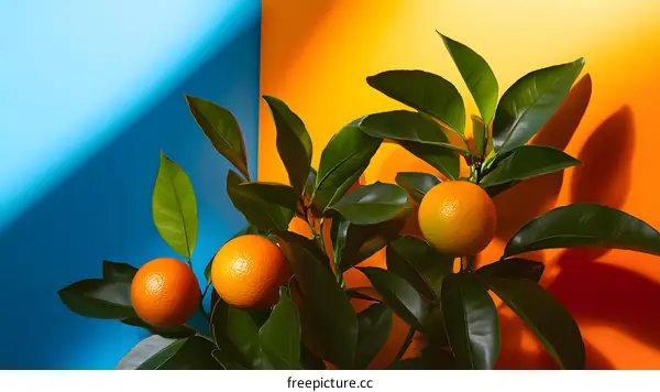 Orange Tree Branch with Green Leaves on a Blue and Yellow Background