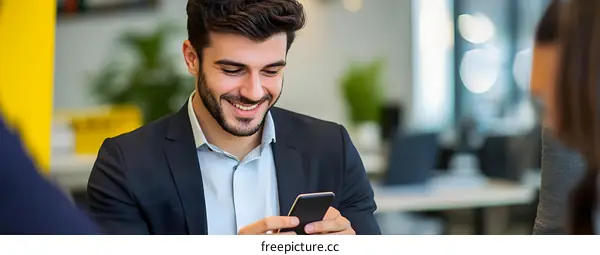 Smiling Businessman Using Smartphone in Office
