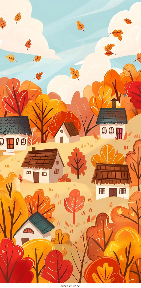 Autumn Landscape Illustration with Houses and Trees