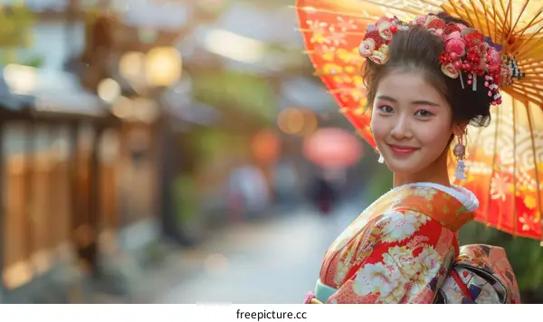 Portrait of a beautiful Japanese woman in traditional kimono holding an umbrella