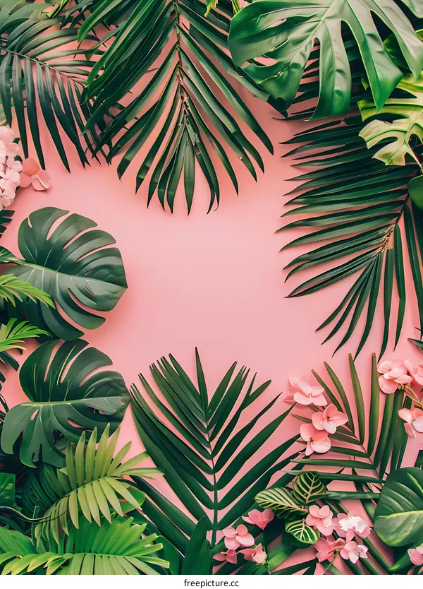 Tropical Leaves and Pink Flowers on Pink Background
