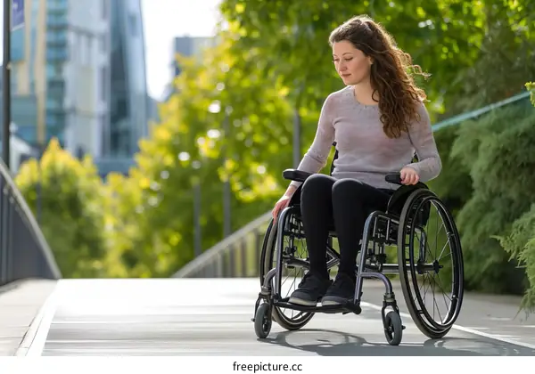 Young woman in a wheelchair on a city street
