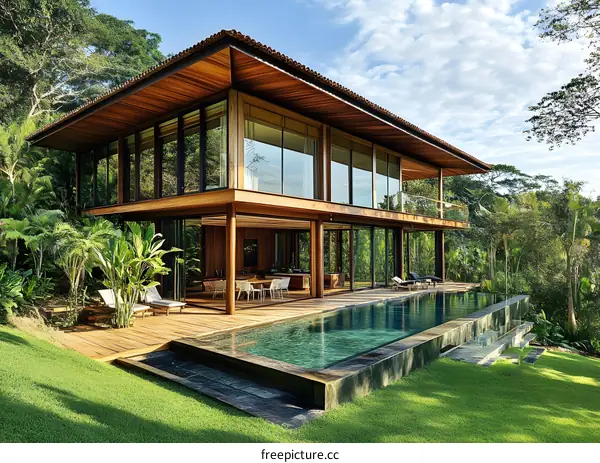 Modern Wooden House with Infinity Pool and Lush Greenery