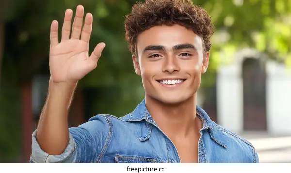 Smiling Young Man Waving Hello Outdoor Portrait