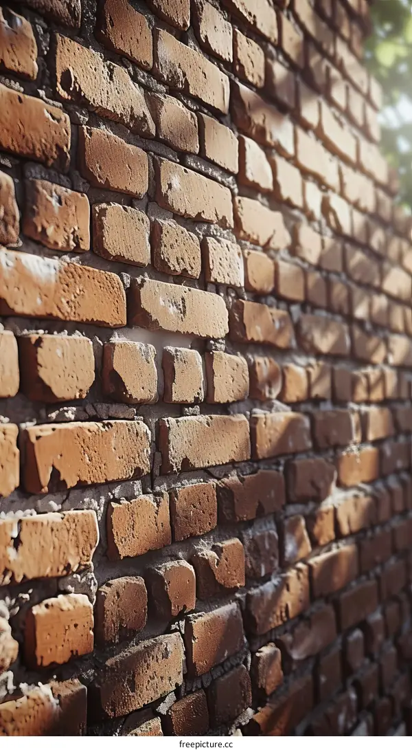 Close up of a brick wall with sunlight shining on it