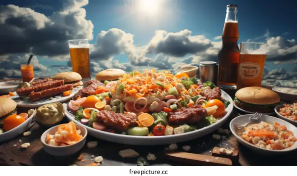 A table full of food with a blue sky and clouds in the background