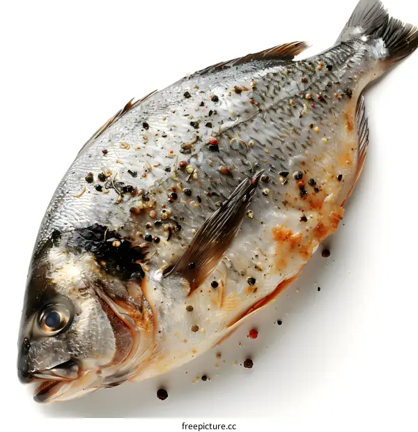 Grilled fish with spices on white background