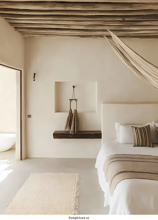 Minimalist Bedroom Interior Design with Wooden Beams and Natural Textures