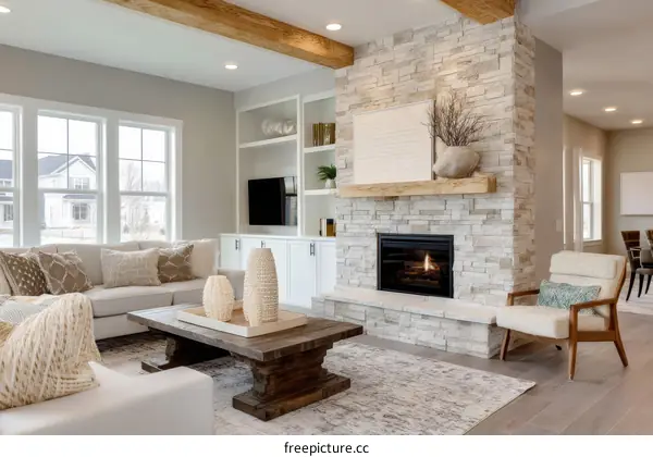 Modern Farmhouse Living Room with Stone Fireplace