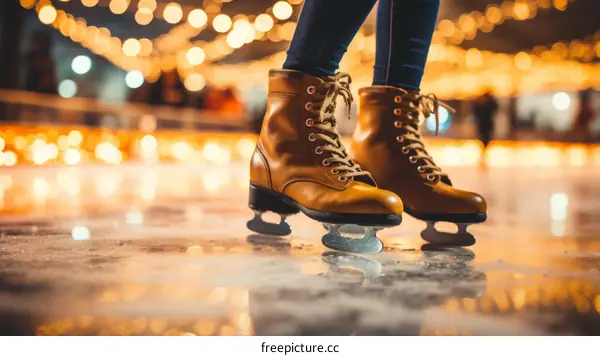 Person ice skating on a rink with blurred lights in the background