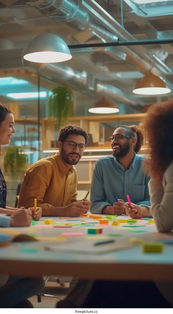 A group of multi-ethnic people brainstorming ideas in an office