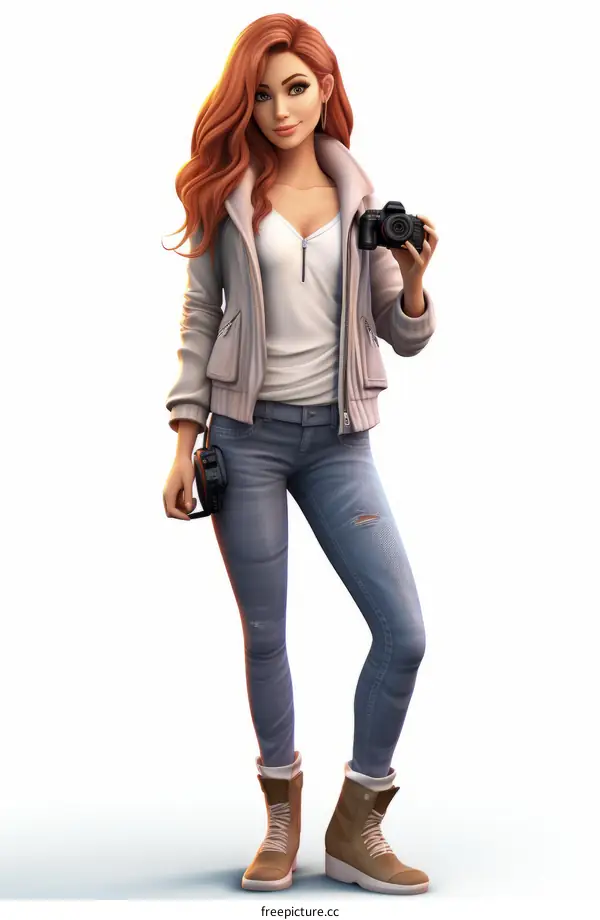 Confident Female Photographer in Jeans and Jacket