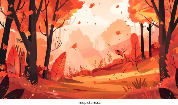 Autumn Forest Landscape Illustration with Red and Orange Leaves