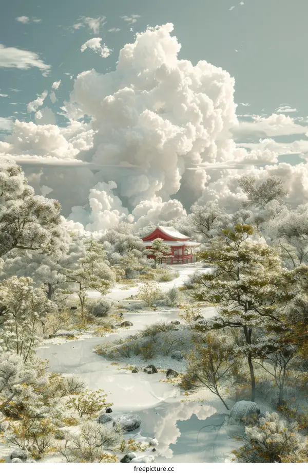 Snowy Japanese Stone Garden with Red Pagoda