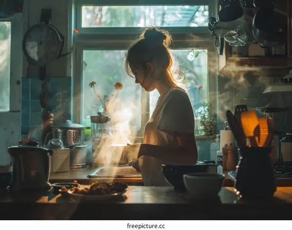 Young woman cooking in a cozy kitchen