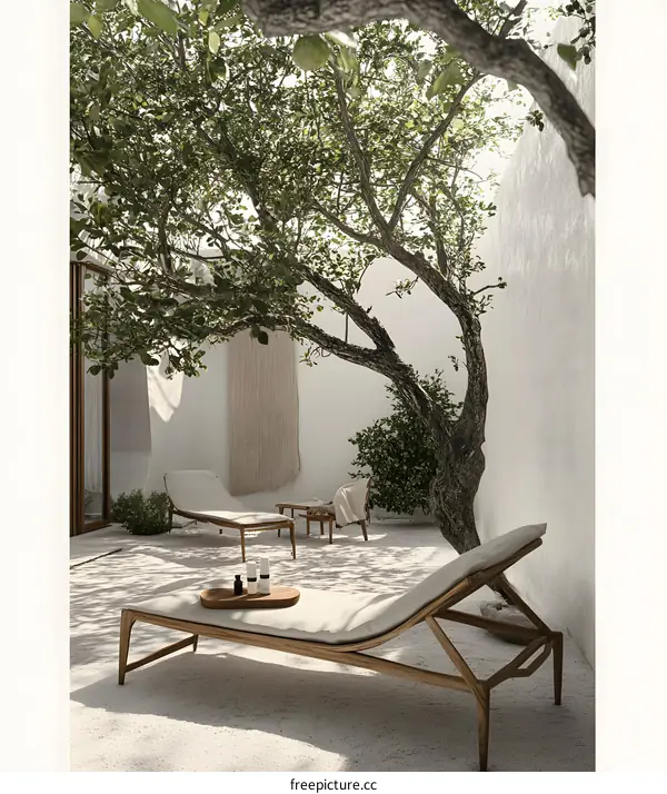Minimalist Patio With Wooden Lounge Chair And Tree