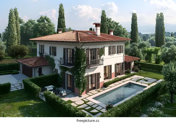 A luxurious two-story house with a pool in the backyard