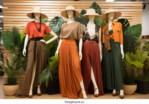 Fashion models dressed in clothing displayed in a store