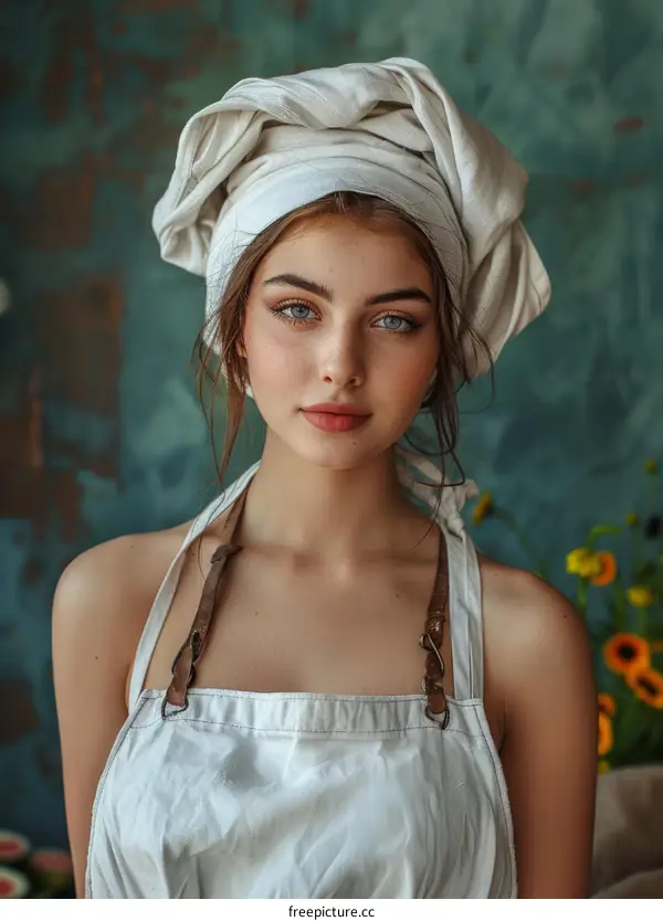 portrait of a beautiful young woman wearing a white apron and a white headscarf