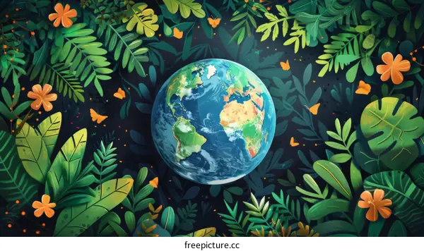 Lush Foliage and Flowers Encircling the Earth