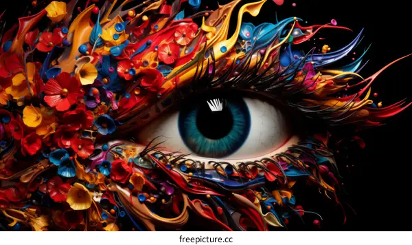 Colorful 3D Eye with Flowers and Paint Splatter
