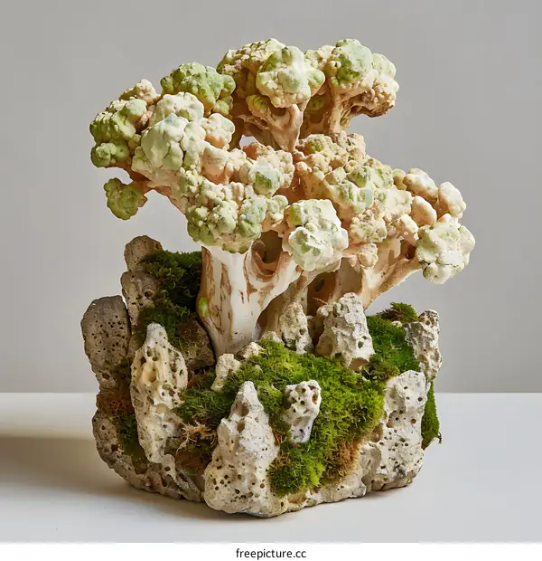 Green and White Stone Sculpture of a Tree with Moss