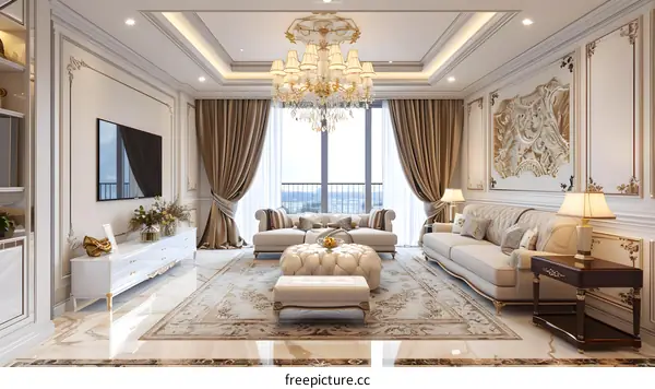 Luxury Living Room Interior Design With White Sofa And Chandelier