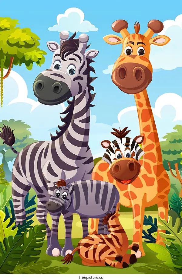 Cute Cartoon Zebras and Giraffe In Jungle