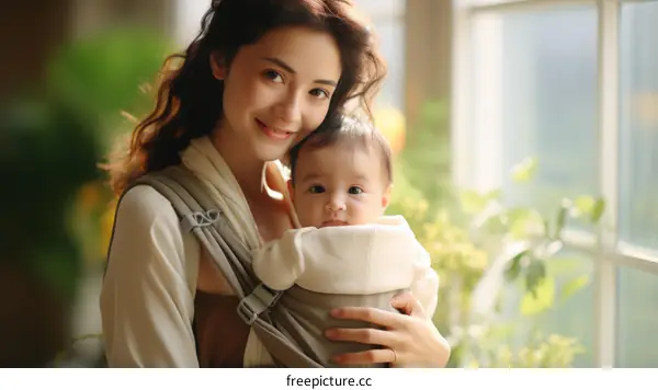 A young mother is carrying her baby in a baby carrier