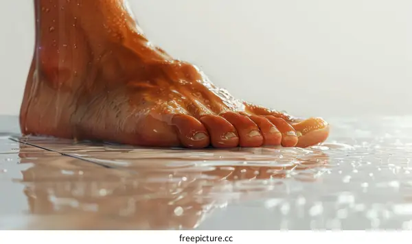 Close up of a wet foot on wet tiles