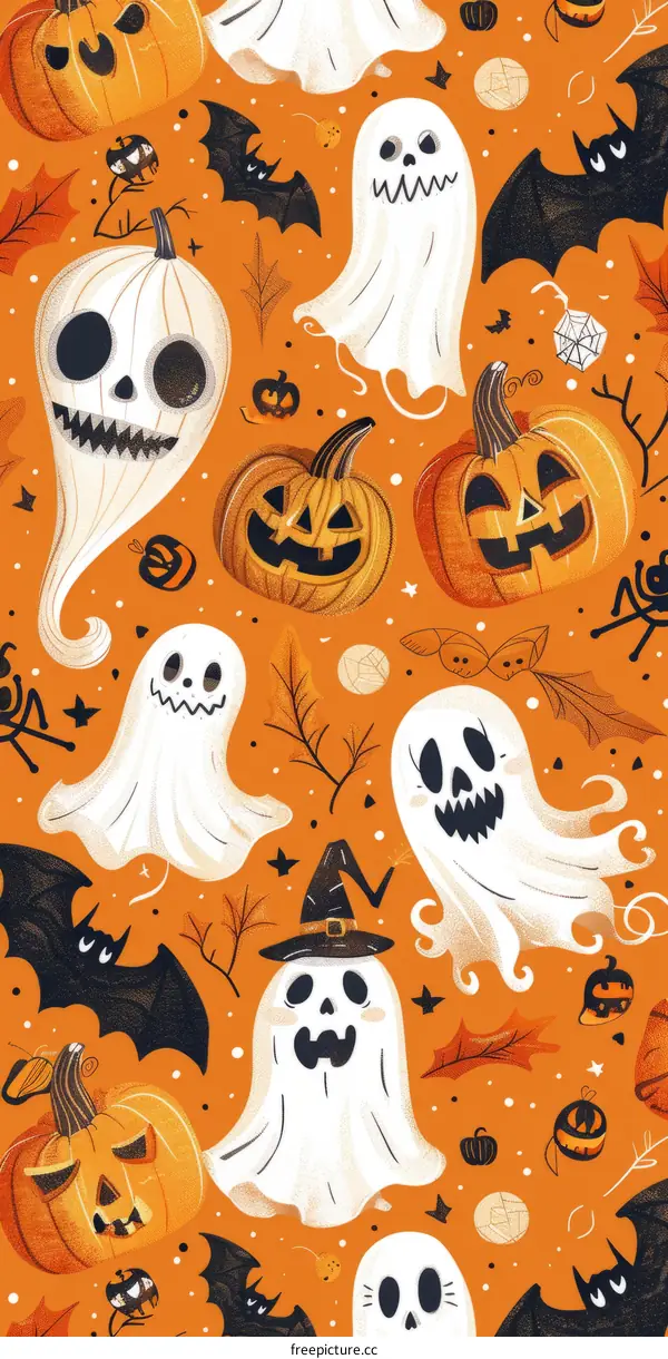 Cute Halloween seamless pattern with pumpkins and ghosts