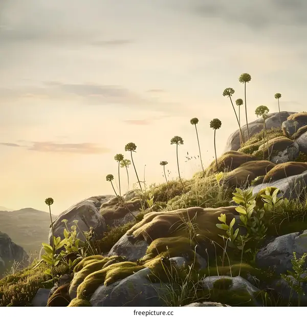 Green Plants Growing on Rocks During Sunset