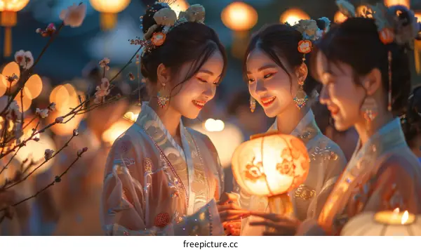 Three Chinese women in traditional clothing holding a lantern